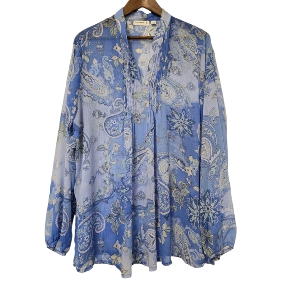 Susan Graver Top Womens XLarge Blue Paisley Pleated  Boho Office Old Money Plus - Picture 1 of 5